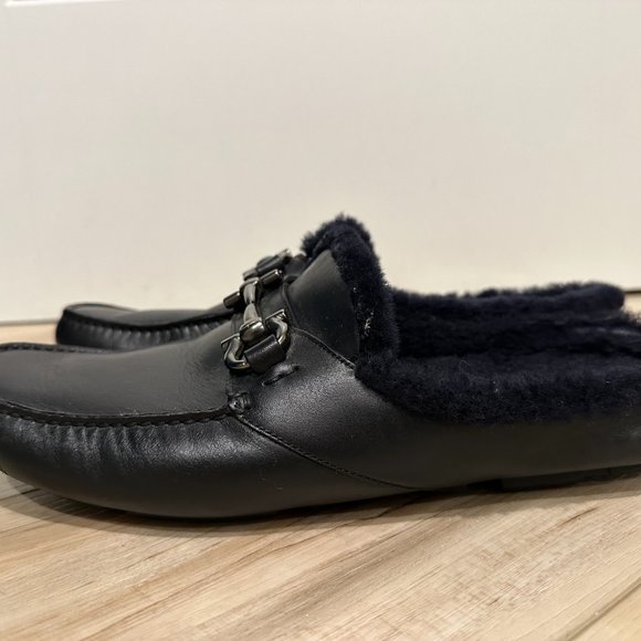 Salvatore Ferragamo Men\'s Black Leather Fur Lined Slip On Loafer